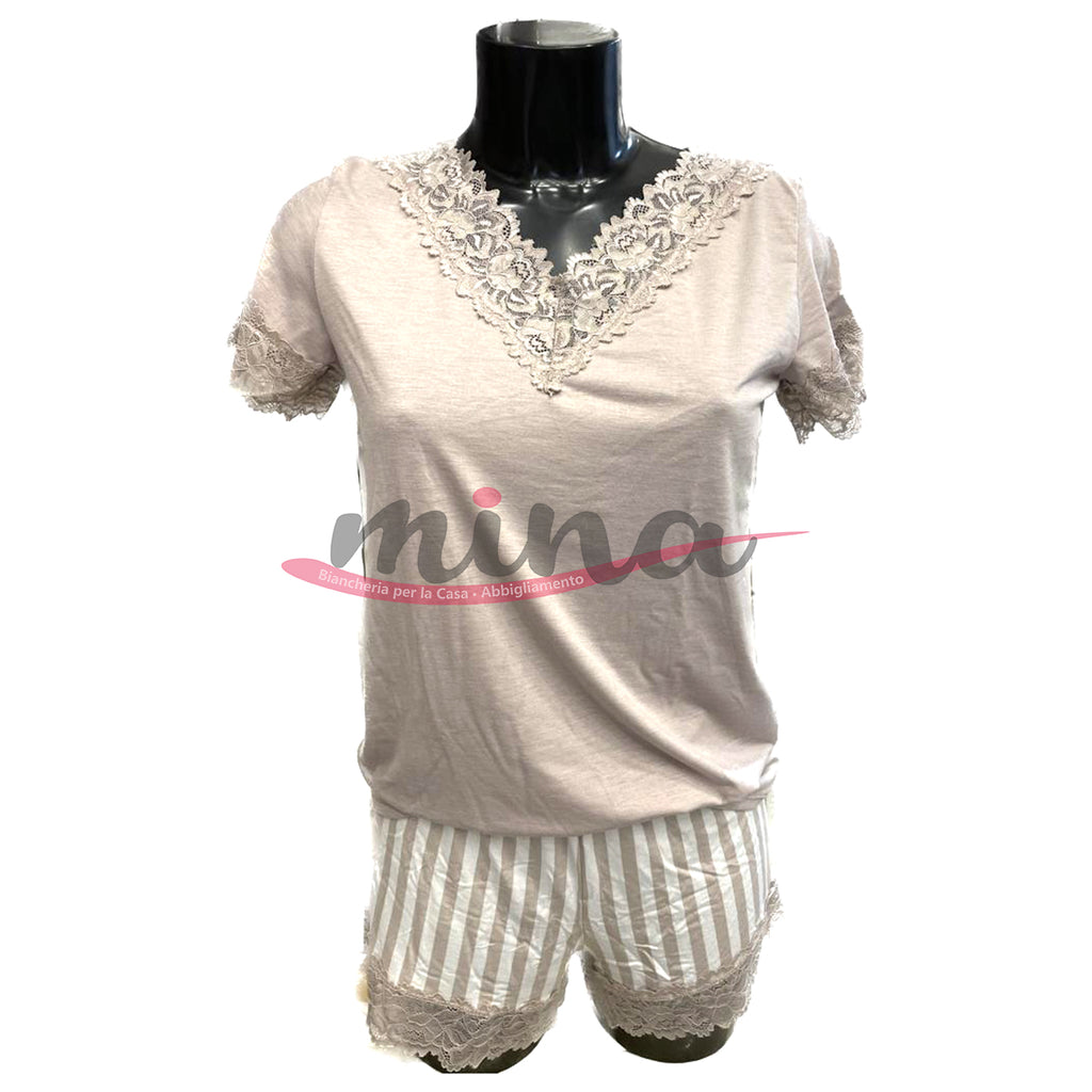 Pigiama Mezza manica e Pantaloncino Cotone con macramè elasticizzato Mastro bianco  Donna Made in Italy Vari Colori e Taglie