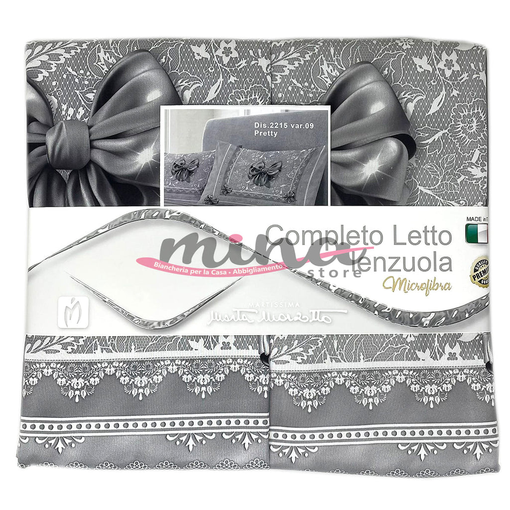 Completo Letto Matrimoniale Stampa Digitale 3D PRETTY Grigio Fantasia FIOCCO Marta Marzotto + 2 Federe Made In Italy 0928