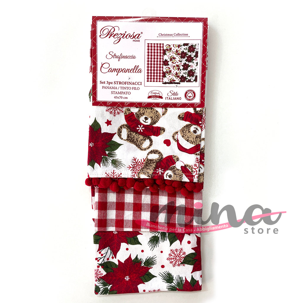 IDEA REGALO - Set 3 Strofinacci natalizi in Cotone, PREZIOSA mod. Campanella Made in Italy, natale
