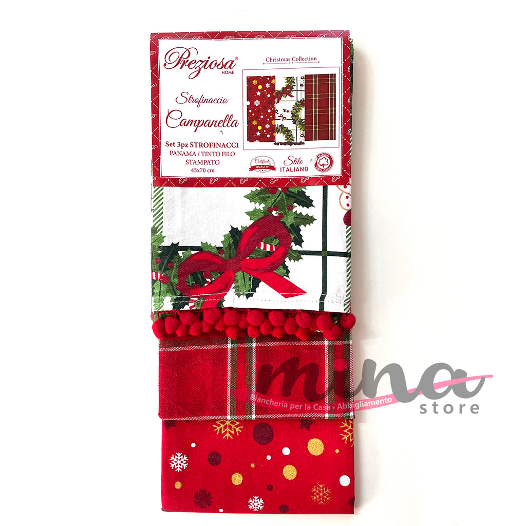 IDEA REGALO - Set 3 Strofinacci natalizi in Cotone, PREZIOSA mod. Campanella Made in Italy, natale