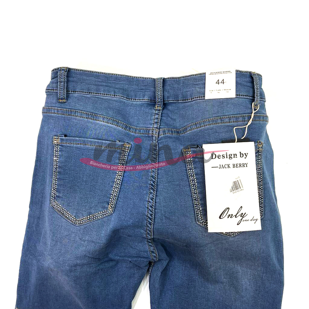 Jeans vita alta skinny, con brillantini sulle tasche posteriori, elasticizzato con zip, dalla XS alla XL 0363