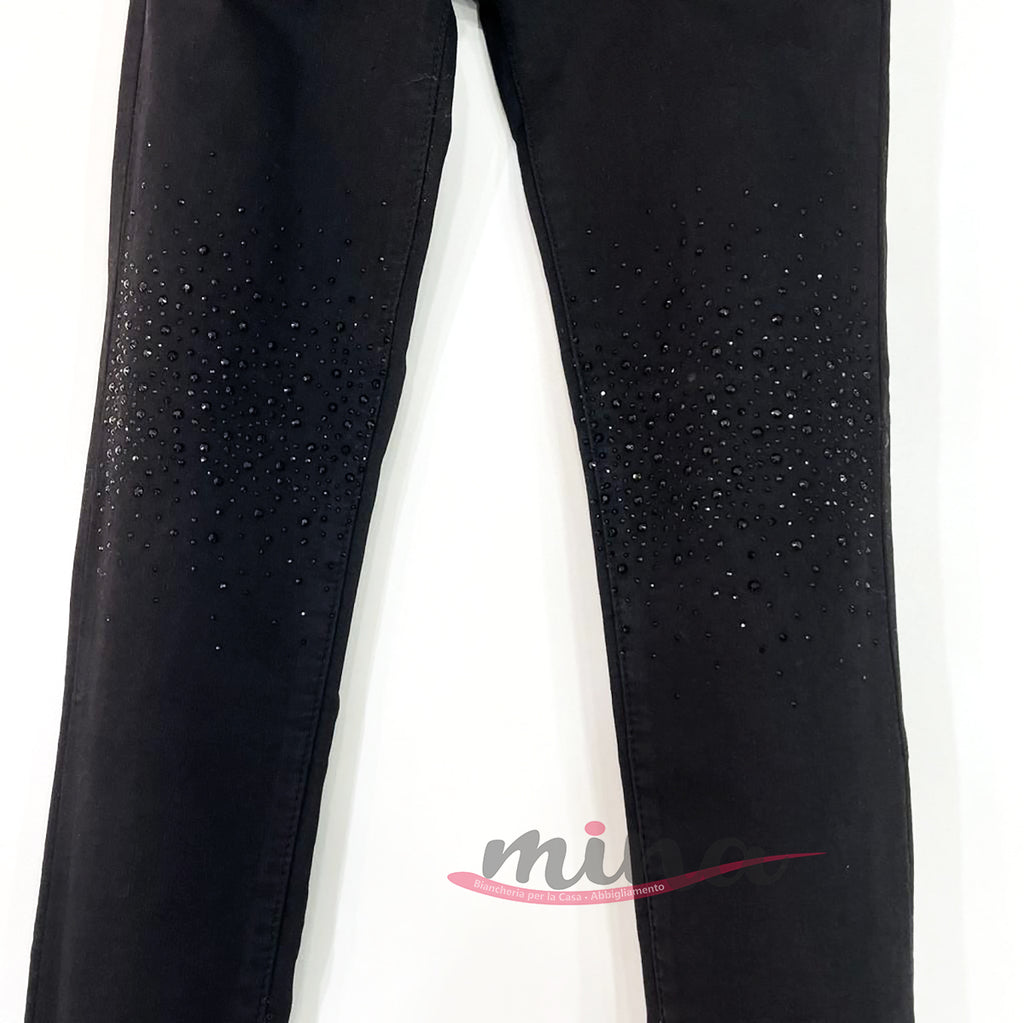 Jeans vita alta NERO skinny, con applicazioni sul ginocchio, elasticizzato con zip, dalla XS alla XL 0363