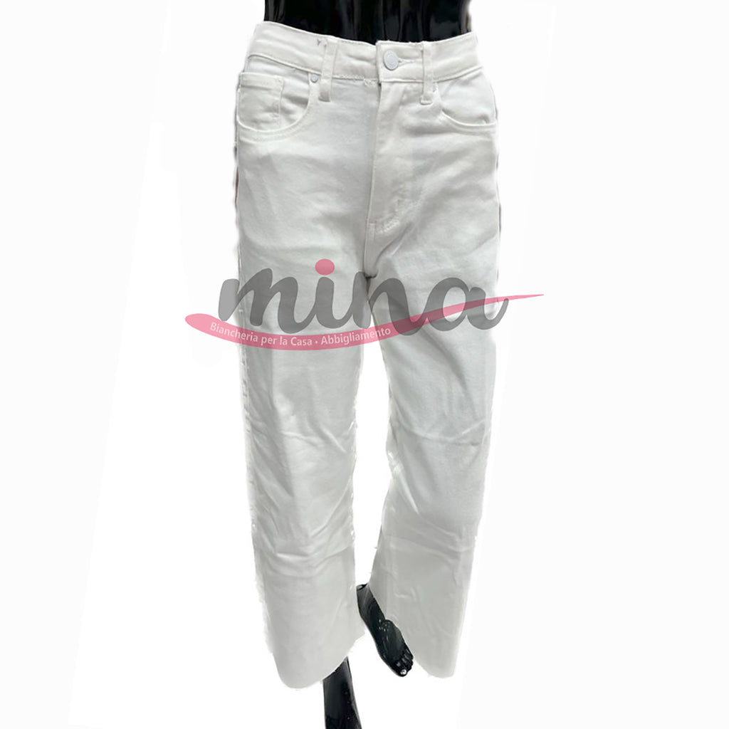 Jeans bianco vita alta a palazzo, elasticizzato con zip, dalla XS alla XL 0363