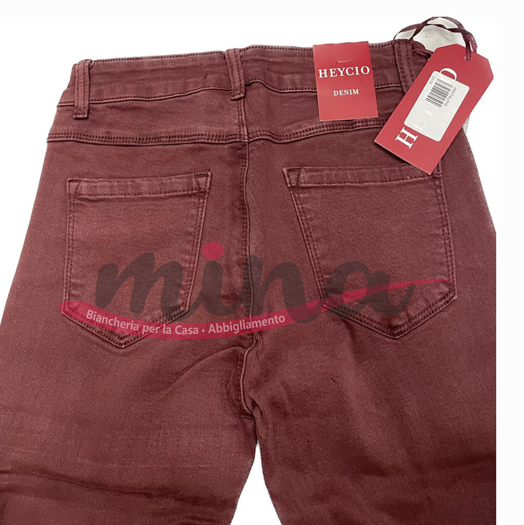 Jeans vita alta, bordeaux, elasticizzato con zip, dalla XS alla XL 0363