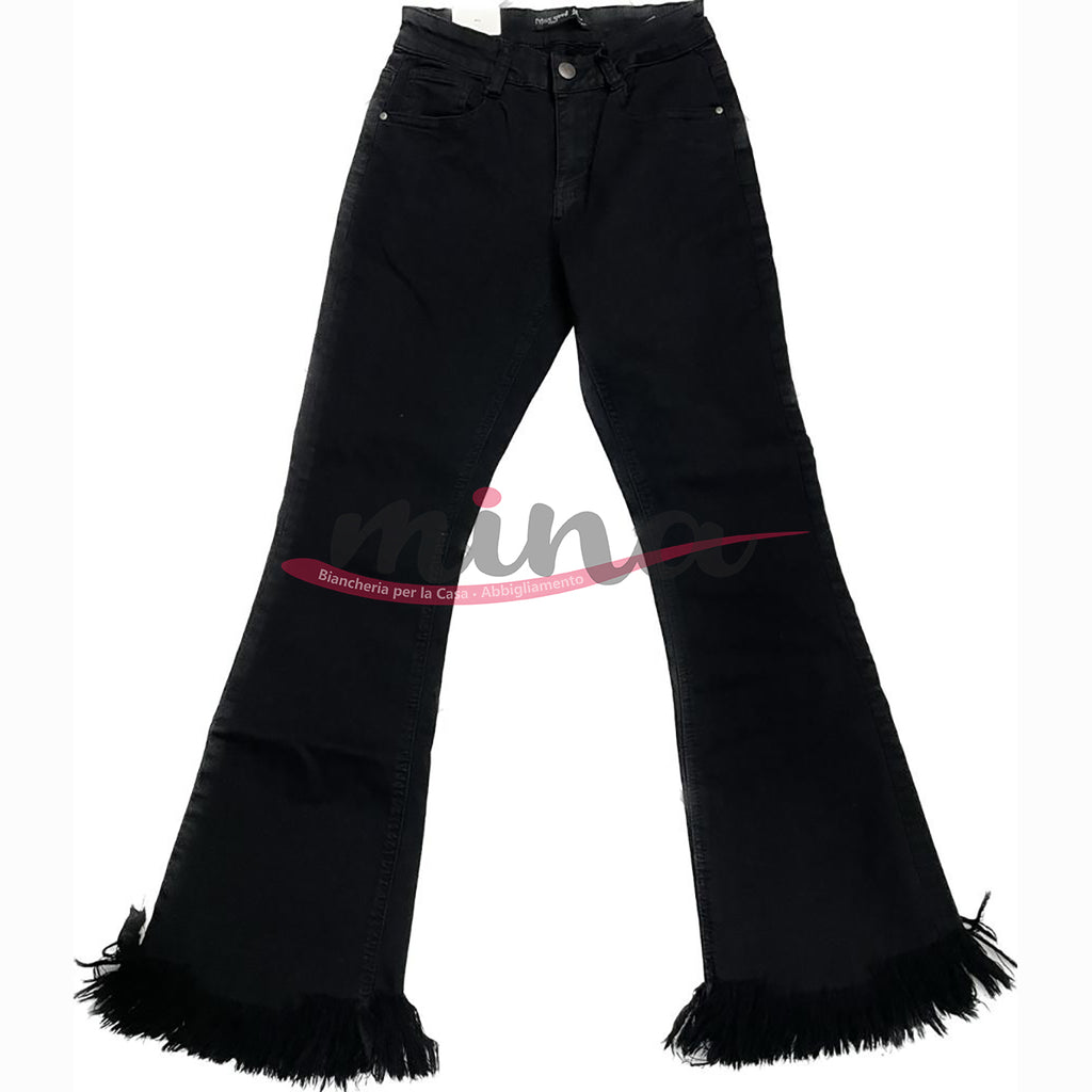 Jeans nero vita alta, a zampa, sfrangiato, elasticizzato con zip, dalla XS alla XL 0363
