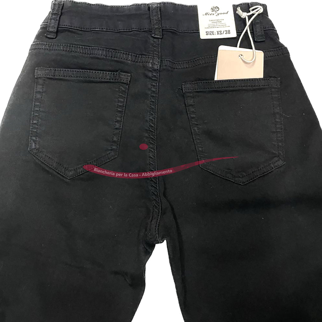 Jeans nero vita alta, a zampa, sfrangiato, elasticizzato con zip, dalla XS alla XL 0363