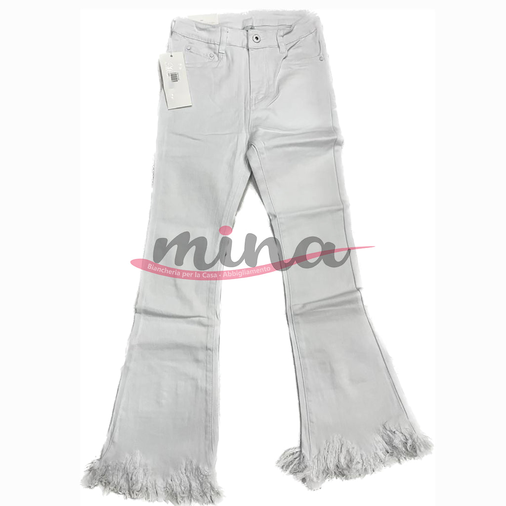 Jeans bianco vita alta a palazzo, sfrangiato, elasticizzato con zip, dalla XS alla XL 0363
